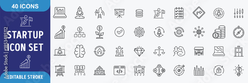 startup business icon set.startup,business,innovation,entrepreneur,creative,icon,rocket,planning Outline Icon Collection. Editable stroke. Vector illustration
