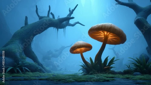 Enchanted Forest with Bioluminescent Mushrooms and Twisted Trees Under a Mysterious Fog 4k video footage
