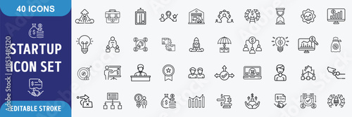 startup business icon set.startup,business,innovation,entrepreneur,creative,icon,rocket,planning Outline Icon Collection. Editable stroke. Vector illustration
