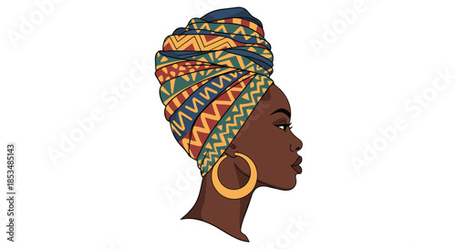Beautiful profile portrait of a Black woman wearing a colorful, traditional African headwrap and large hoop earrings on white background.