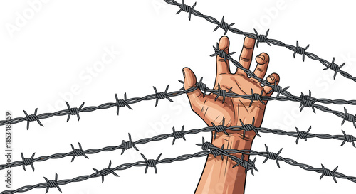 Dramatic illustration of a hand reaching out and getting tangled in sharp barbed wire, symbolizing oppression, struggle, and confinement.