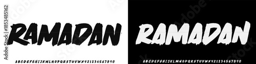 Ramadan Bold brush vector font. Alphabet handmade brush number with uppercase and lowercase.