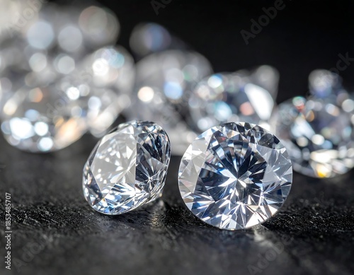 Close-up of sparkling, brilliant-cut gems arranged on a dark surface