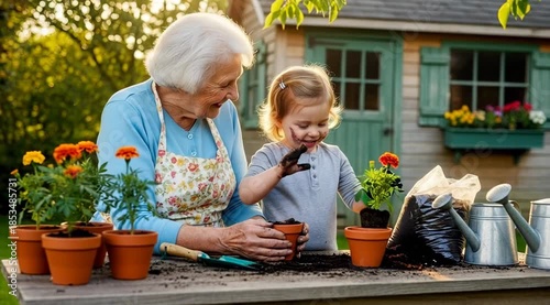 Elderly woman and child gardening together.