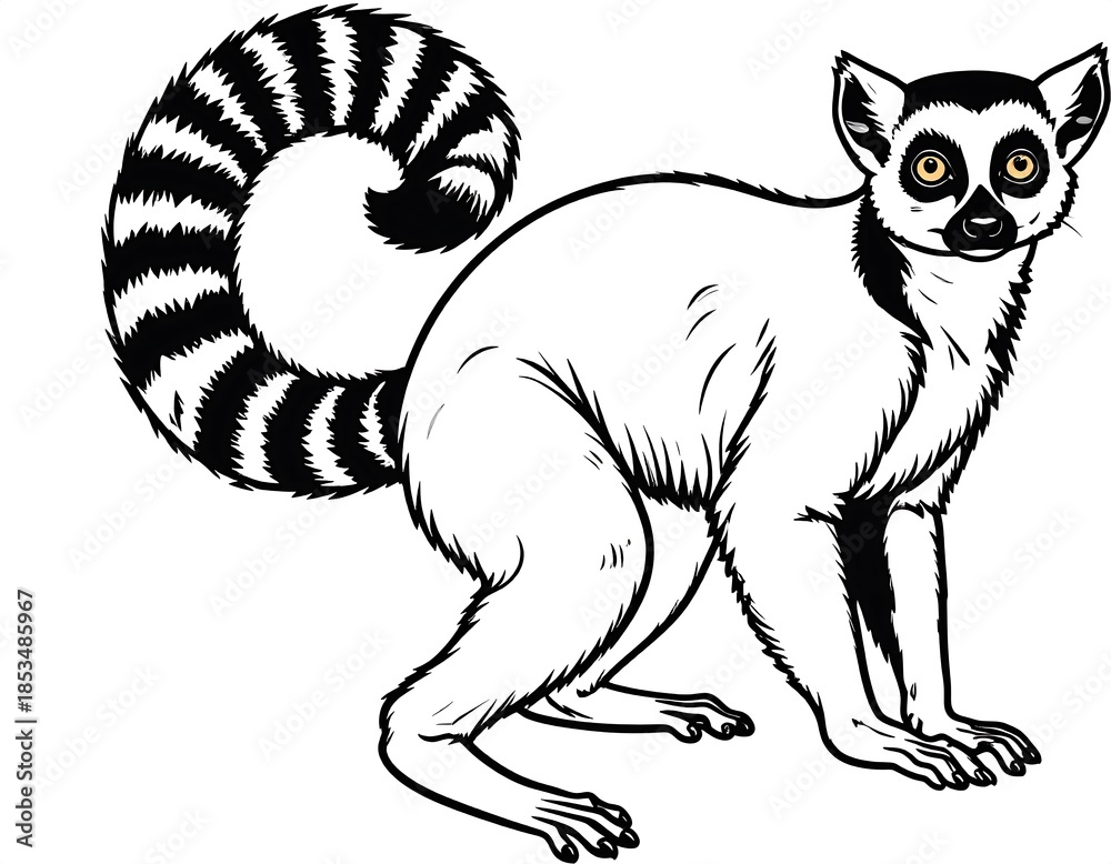 Fototapeta premium Black and white illustration of a lemur with a striped tail, standing on four legs, eyes forward