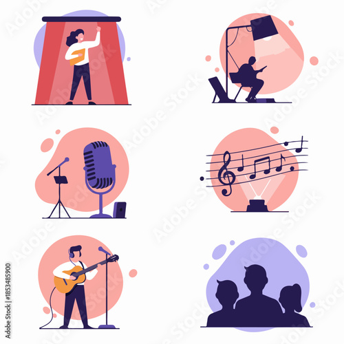 Music performance and entertainment concept illustrations set, featuring singers, musicians, microphones, sheet music, and audience silhouettes.