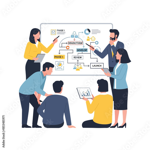 A team of professionals collaborating on a project around a large whiteboard with various charts and diagrams