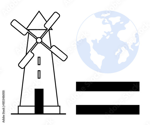 Windmill with spinning blades beside Earth and equality symbol. Ideal for renewable energy, sustainability, clean power, global responsibility, equality, eco-consciousness, awareness concepts. Simple