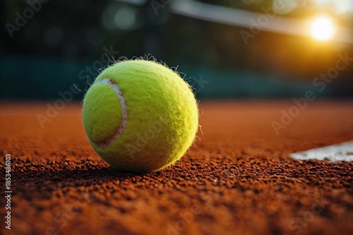 Tennis Ball on a Clay Court with Sun Flare in the Background sport
