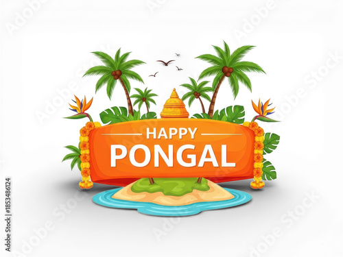 Happy pongal celebration banner with tropical elements isolated on transparent background