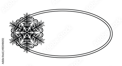 Simple oval frame with a beautifully detailed black and white snowflake design, perfect for winter and Christmas themed decorations.