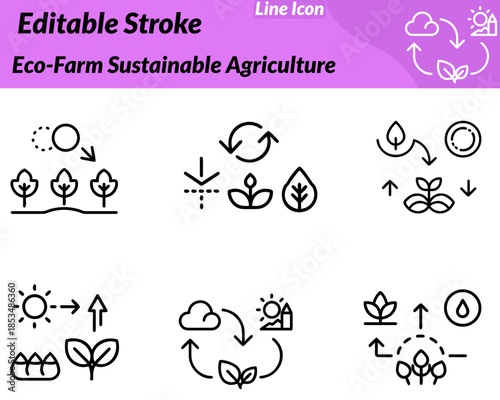 A minimalist eco-farm icon showing cultivated fields with sprouting plants and leaf symbols. Clean modern line design represents sustainable agriculture organic farming eco-friendly practices.