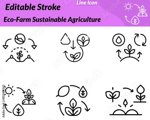 A clean eco-farm sustainable agriculture icon. Featuring farm fields with young plants and leaf elements. Designed with minimal smooth lines to symbolize organic farming sustainability eco-friendly.