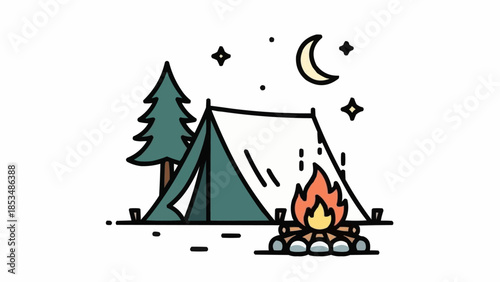 Camping tent with campfire under the night sky.