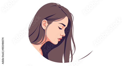 Beautiful and melancholic portrait of a young woman with long brown hair, looking down with a sad or thoughtful expression.