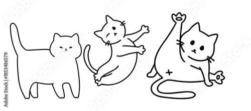 Simple line drawings of cats in various playful poses and actions, showcasing feline behavior and expressions