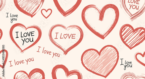 Seamless romantic pattern of hand-drawn doodle hearts and "I love you" text in a sketchy style, perfect for Valentine's Day.
