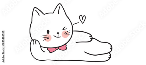 Adorable white cat lying down with a pink bow and heart illustration
