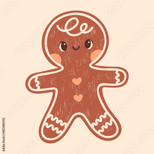 Cute gingerbread man with white icing details, pink heart buttons and face, milky background, hand drawn doodle vector with cozy muted colors for kids design, sticker, poster, card, banner, invitation