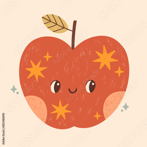 Cute red apple with little eyes and yellow stars, a green leaf branch, soft milky background, hand drawn doodle vector with cozy colors for kids design, sticker, poster, card, banner, invitation