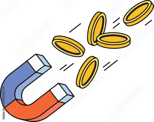 Vector illustration of magnet attracting coins on
