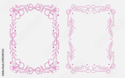 Set of whimsical line art coquette pink border frame with bow ribbon, floral branches, cherry illustration for valentine, wedding, birthday, mother day, baby shower