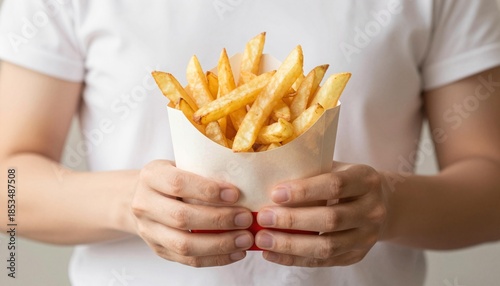 Close-up of hands holding a paper sleeve of golden french fries as a casual savory snack