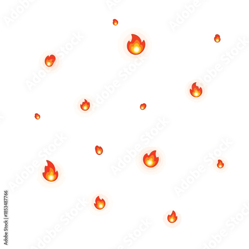 A scattering of vibrant, small, glowing embers and sparks against a clean white background, evoking warmth and a magical ambiance