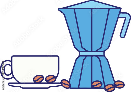 A blue coffee maker and cup with coffee beans on a