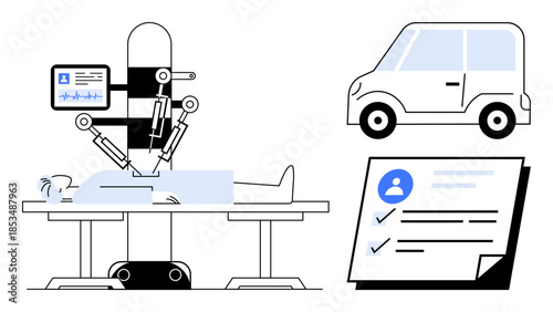 Medical robot performing surgery on a patient, compact car representing automation, and document highlighting user data. Ideal for healthcare, technology, AI, automation, innovation, digital