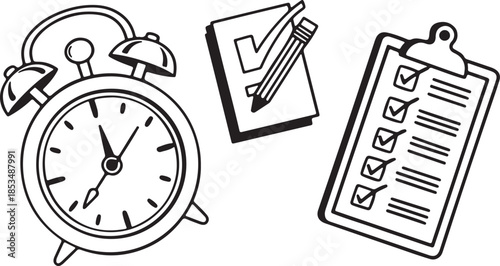 A black and white illustration of an alarm clock with a clipboard and checklist