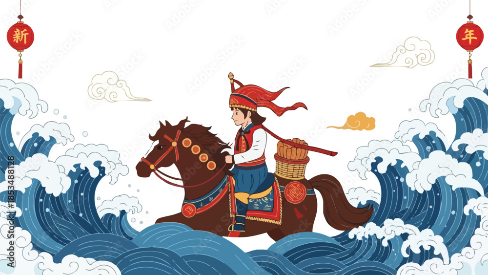 Naklejka premium Illustration of a warrior riding a horse through waves, holding a drum, with red lanterns and CNY decorations in the background, conveying a festive and dynamic mood.