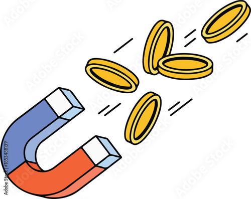 A colorful illustration of a magnet attracting gold coins in midair