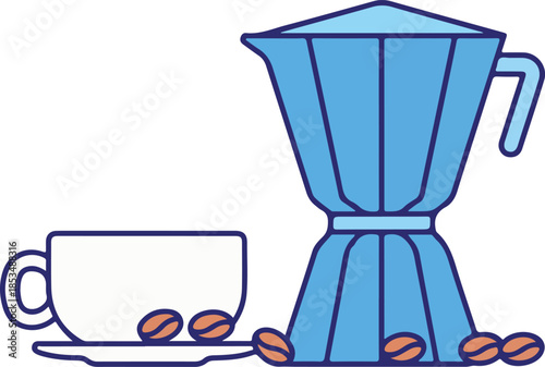 Vector illustration of coffee cup and pot with coffee beans on
