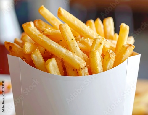 Close-up of crispy, golden fried potato sticks in a paper holder