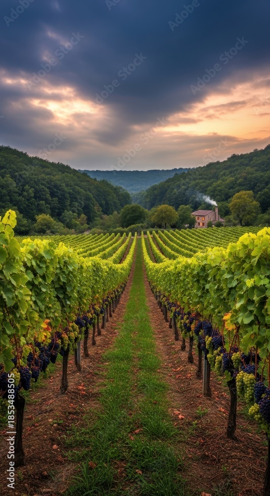 Naklejka premium Tranquil vineyard vista under dramatic sky, rows of vines stretching towards a distant structure