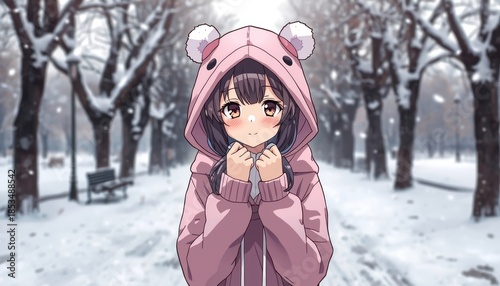 anime wallpaper 4k pc cute anime girl wearing a warm oversized hoodie in a snowy park