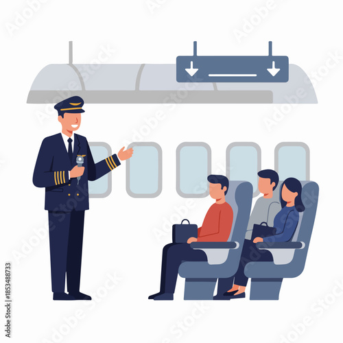 Pilot making an announcement or greeting to passengers inside an airplane cabin during a flight or boarding.