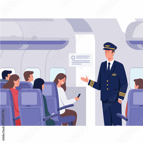 Airline captain addresses passengers inside the aircraft cabin, delivering a flight briefing or announcement to the seated travelers.