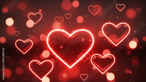 Red neon heart lights on dark background with bokeh effect romantic scene