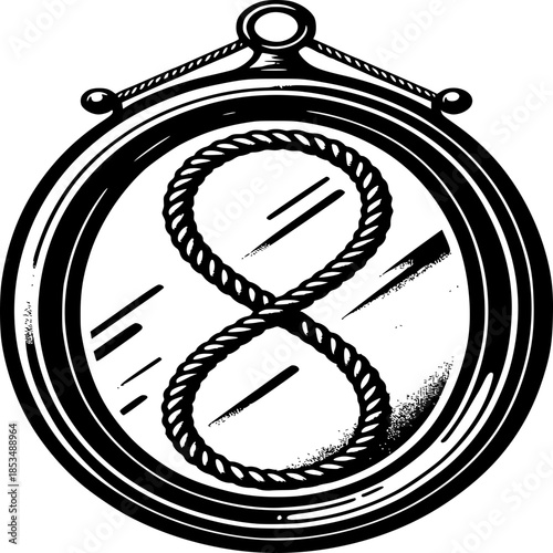 Infinity Mirror: A reflective surface reveals an infinity symbol composed of rope, suggesting endless possibilities and introspection. A visual metaphor for reflection. 