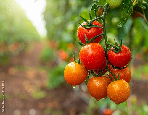Cherry tomatoes on the plant covered with raindrops
