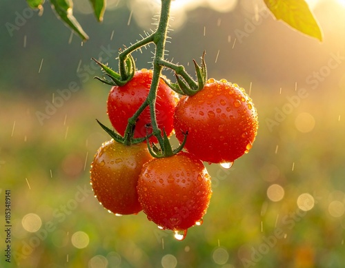 Cherry tomatoes on the plant covered with raindrops