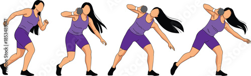 Vector illustration showing a sequence of a female athlete in purple sportswear performing a shot put throw motion isolated on a white background.