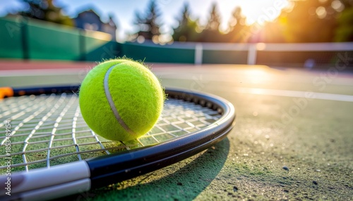 Tennis Ball and Racket on Court at Sunset.