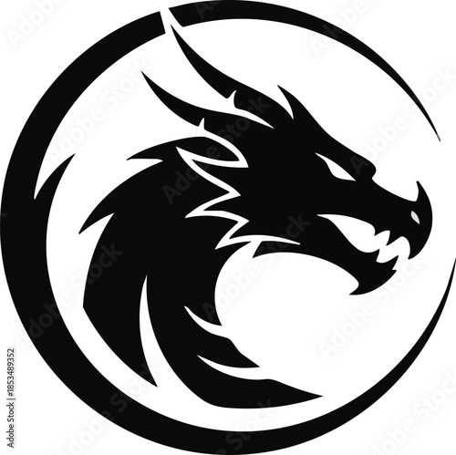 A black dragon illustration with a fierce expression, encircled by a bold black ring on a white background, showcasing sharp teeth and horns in a striking graphic design.