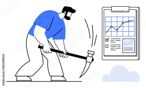 Business analysis, data mining, productivity, financial growth, strategy, performance tracking. A person with a pickaxe near a clipboard with a growth chart. Business analysis and data mining