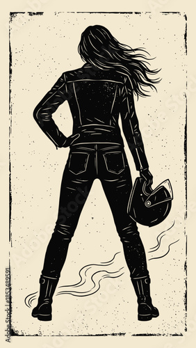 Graphic Woodcut of Female Biker Silhouette with Helmet