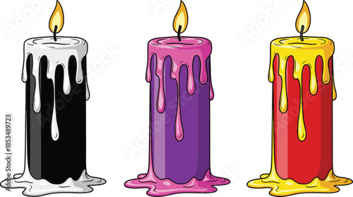 Set of three melting candles in black, purple, and red colors with dripping wax and glowing flames isolated on white background.