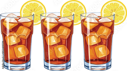  Set of three realistic vector glasses filled with refreshing iced tea, ice cubes, and yellow lemon slices isolated on a white background..